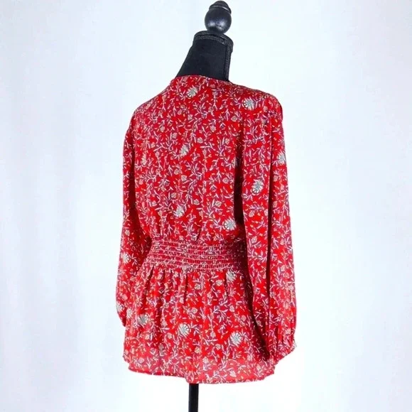 Max Studio Red Floral Blouse Long Sleeve Tie Front-Size M - Picture 6 of 8